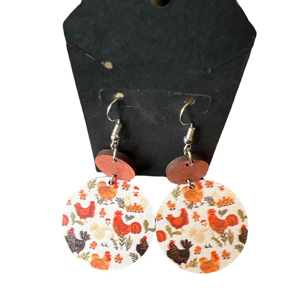 Wooden Round Chicken Print Drop Dangle Earrings - Picture 2 of 5